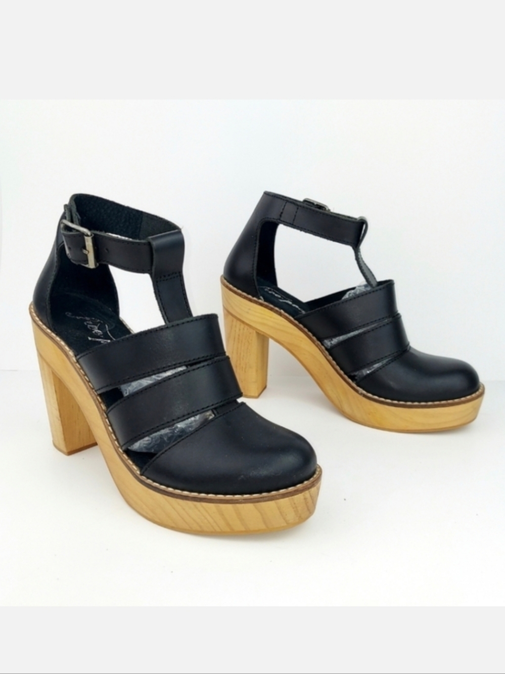 Free People Black Leather Platform Clog Heels EU40